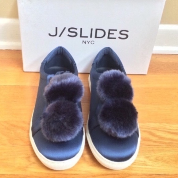 J/SLIDES NYC Cash Satin Faux Fur Pom Pom Sneakers - Picture 2 of 8